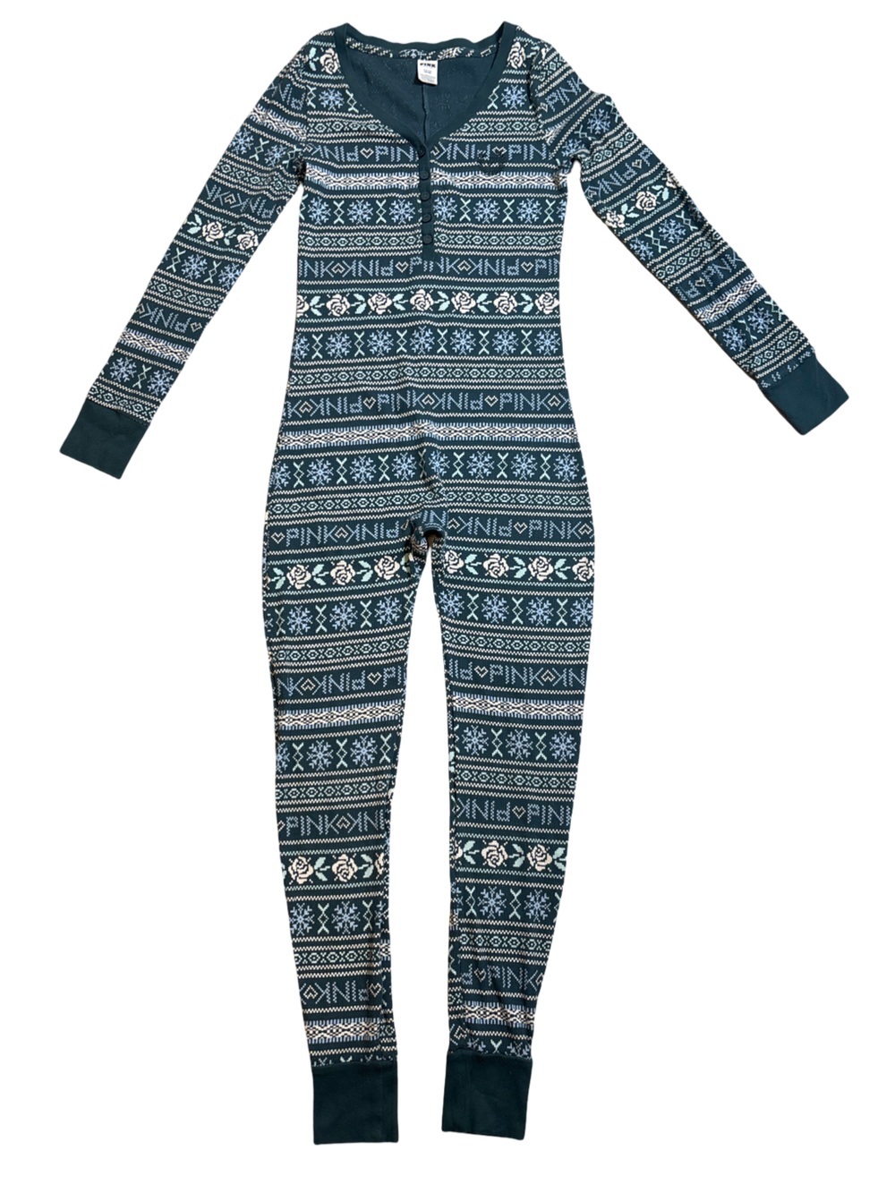 Victoria’s Secret PINK Dark Green Fair Isle Thermal Henley One Piece Pajama SM